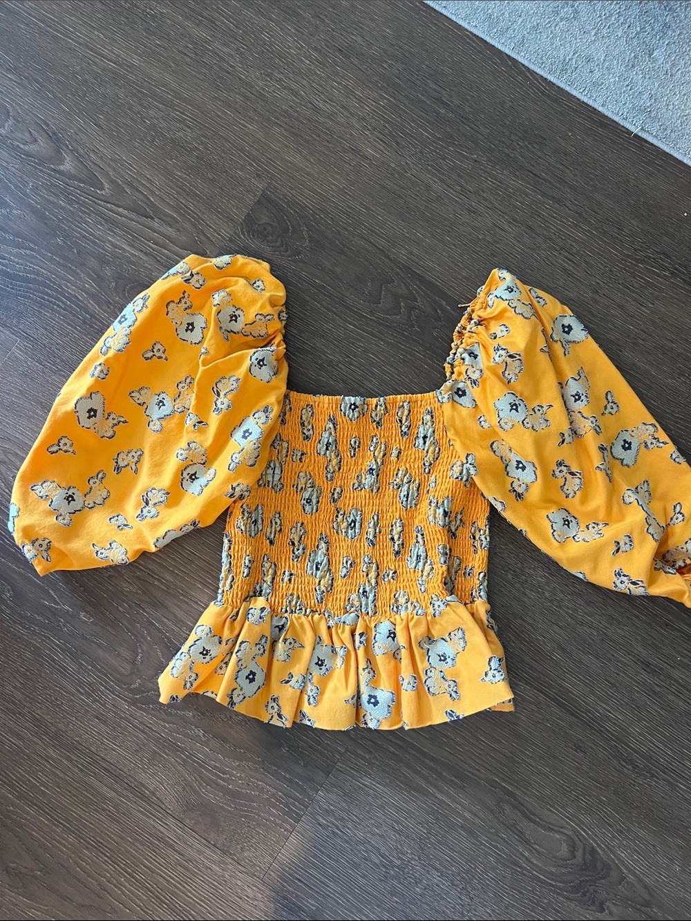 Tanya Taylor Yellow Floral Smocked Puff-Sleeve Crop Top